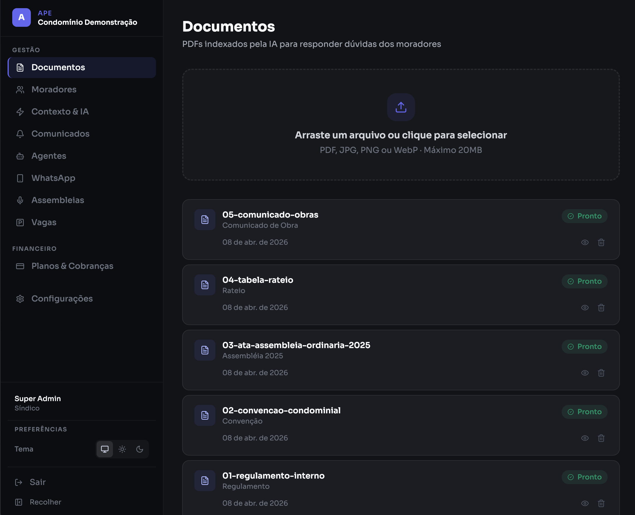 Painel do gestor — documentos, moradores e configurações